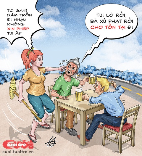 'Phạt cho tồn' tại trên bàn nhậu - Ảnh 1. Phạt cho tồn tại trên bàn nhậu - Tranh: Nguyễn Tuấn Anh