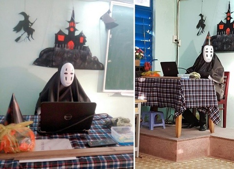 Chết cười với những 'con ma nhí' mùa Halloween - Ảnh 5. Thầy giáo cũng hóa Vô Diện "chọc" mấy em chơi