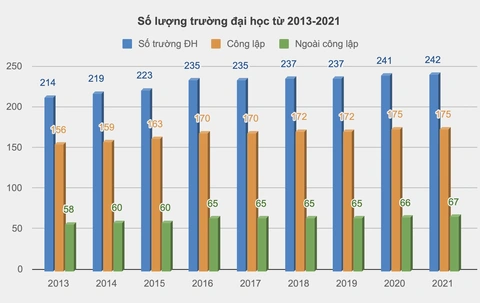 Giáo dục đại học Việt Nam đã tiến, lùi thế nào trong chục năm qua? - Ảnh 1. Số lượng trường đại học tăng qua các năm - Đồ họa: MINH GIẢNG