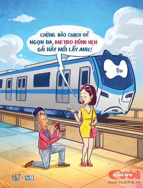 Bao giờ chạch đẻ ngọn đa, metro đúng hẹn thì ta cưới chàng - Ảnh 1. Bao giờ chạch đẻ ngọn đa, metro đúng hẹn gái này mới lấy anh - Tranh: N9+Đỗ Minh Tuấn