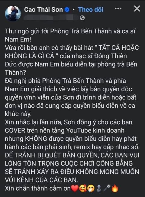 Cao Thái Sơn réo thẳng tên Nam Em vì 'hát chùa' - Ảnh 1. Cao Thái Sơn thông báo ca khúc độc quyền vĩnh viễn của mình bị hát chùa không có phép