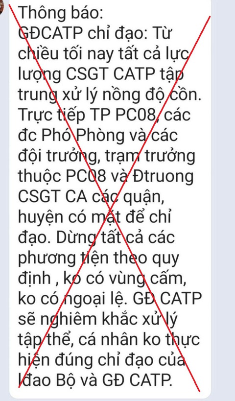 Thông báo 'Giám đốc Công an TP.HCM chỉ đạo liên quan nồng độ cồn' là giả - Ảnh 1. Nội dung "thông báo" lan truyền trên mạng xã hội không đúng sự thật - Ảnh chụp màn hình