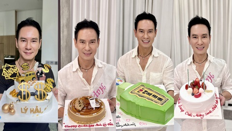 Lý Hải đeo sash mừng sinh nhật theo kiểu ‘độc lạ’ - Ảnh 2. Lý Hải chụp ảnh kỷ niệm bên chiếc bánh sinh nhật "có một không hai"