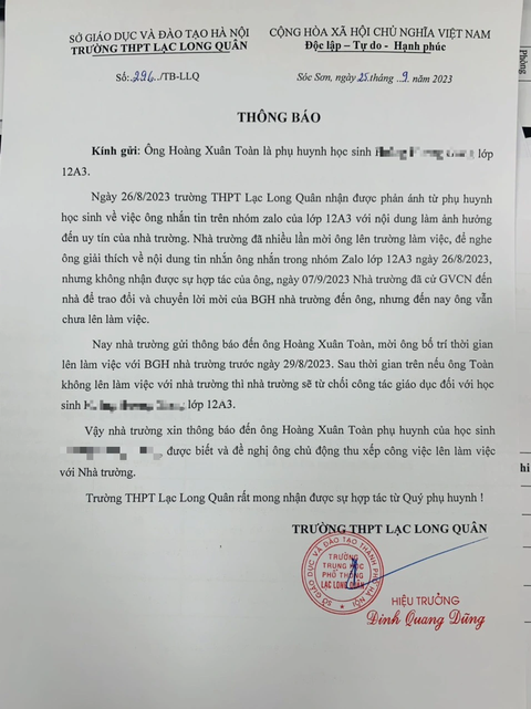 Thực hư việc phụ huynh phản đối trường lạm thu, học sinh bị đình chỉ học tập? - Ảnh 2. Thông báo của Trường THPT Lạc Long Quân, huyện Sóc Sơn, Hà Nội gửi ông Toàn - Ảnh: Phụ huynh cung cấp