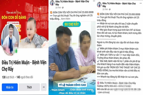 Mạo danh Bệnh viện Chợ Rẫy, dụ các cặp vợ chồng hiếm muộn đón ‘song thai rồng phượng’ - Ảnh 2. Giao diện và các thông tin quảng cáo trên trang Facebook “Điều trị hiếm muộn - Bệnh viện Chợ Rẫy” - Ảnh: T.H. chụp lại
