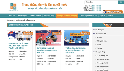 Một số website đăng thông tin tuyển dụng nhưng lại không được cấp phép đưa người lao động đi làm việc ở nước ngoài - Ảnh chụp màn hình: HÀ QUÂN Một số website đăng thông tin tuyển dụng nhưng lại không được cấp phép đưa người lao động đi làm việc ở nước ngoài - Ảnh chụp màn hình: HÀ QUÂN