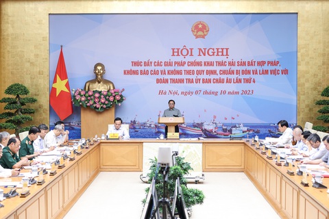Thủ tướng yêu cầu trung thực, không đối phó khi EC sang kiểm tra gỡ 'thẻ vàng' - Ảnh 1. Thủ tướng Phạm Minh Chính chủ trì hội nghị thúc đẩy các giải pháp chống IUU - Ảnh: NHẬT BẮC