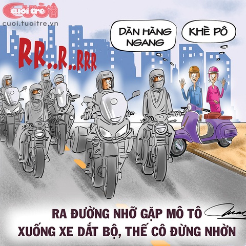 Xe phân khối lớn: Ra đường nhỡ gặp mô tô... - Ảnh 1. Ra đường nhỡ gặp mô tô... Xuống xe dắt bộ cho lành - Tranh: Đỗ Minh Tuấn
