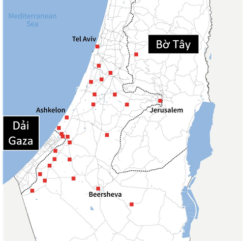 Các địa điểm trúng tên lửa của Hamas, ngày 7-10 - Ảnh: AFP Các địa điểm trúng tên lửa của Hamas, ngày 7-10 - Ảnh: AFP