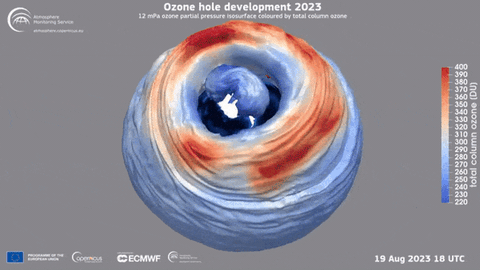 Lỗ thủng tầng ozone lớn khổng lồ xuất hiện trên Nam Cực - Ảnh 1. Mô phỏng lỗ thủng tầng ozone năm nay mở ra trên Nam Cực, dựa trên dữ liệu do vệ tinh Copernicus Sentinel-5P của Cơ quan Vũ trụ châu Âu thu thập - Nguồn: ESA