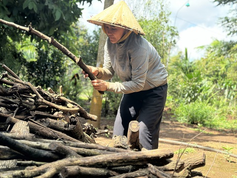 Bà Trần Thị Vĩnh (mẹ Hùng) tranh thủ vun đất gốc cây ăn trái khi không đi làm thuê - Ảnh: THẾ THẾ Bà Trần Thị Vĩnh (mẹ Hùng) tranh thủ vun đất gốc cây ăn trái khi không đi làm thuê - Ảnh: THẾ THẾ
