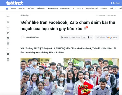 Ngoại khóa: đừng để sa đà và biến tướng - Ảnh 1. Việc Trường THPT Bùi Thị Xuân (quận 1, TP.HCM) “đếm” like trên Facebook, Zalo để chấm điểm bài làm học sinh gây ra nhiều ý kiến trái chiều - Ảnh chụp màn hình