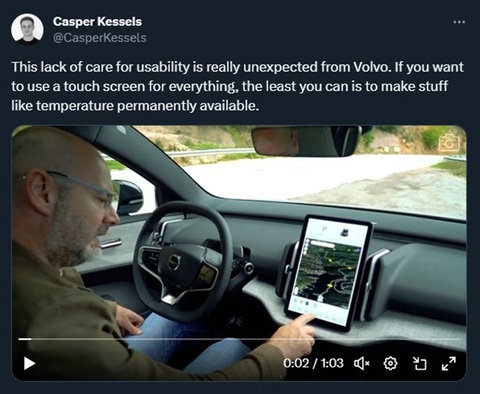 Nhà thiết kế ô tô Casper Kessels chia sẻ video của tổng biên tập Autocar UK đang loay hoay tìm cách bật đèn sương mù trên Volvo EX30 - Ảnh chụp màn hình