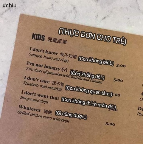 Ảnh vui 11-11: Ba nhóc 'lọc nước hàng đầu Việt Nam'... đi lạc - Ảnh 7. Thực đơn "chấm cảm".