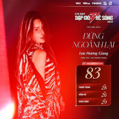 Lưu Hương Giang bắn rap 'cực cháy' tại 'Chị đẹp đạp gió 2023' - Ảnh 4. Tổng số điểm của Lưu Hương Giang nhận về cho tiết mục này là 83 điểm.