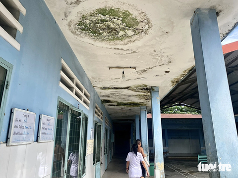 Bệnh viện Tâm thần Đà Nẵng phải căng bạt ở trên, hứng mưa ở dưới - Ảnh 5. Hành lang nhiều khoa phòng tại Bệnh viên Tâm thần Đà Nẵng rêu mốc khắp nơi sau mưa - Ảnh: TRƯỜNG TRUNG