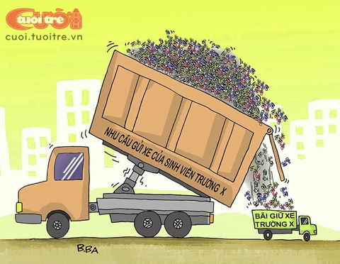 Sinh viên vật lộn với 'vòng gửi xe' - Ảnh 2. Cung và cầu gửi xe - Tranh: B.Ba