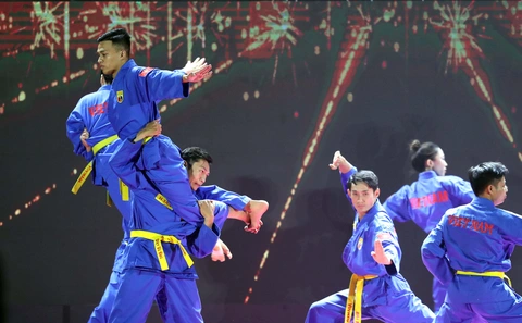 Vovinam Việt Võ Đạo được công nhận là di sản văn hóa phi vật thể quốc gia - Ảnh 2. Đòn chân bay kẹp cổ đặc trưng của Vovinam - Ảnh: N.K.