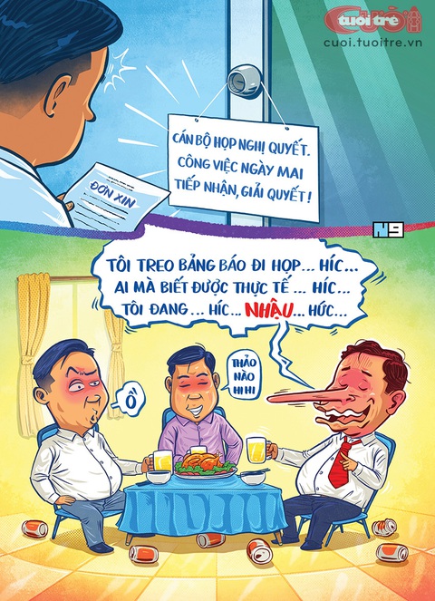 'Quan' mọc mũi Pinocchio vì đi nhậu - Ảnh 1. Vị cán bộ mọc mũi Pinocchio vì đi nhậu mà nói xạo là bận họp - Tranh: Hải Nam