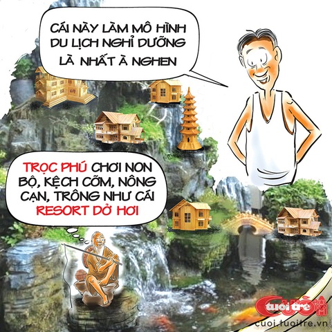 Chơi non bộ theo phong cách trọc phú - Ảnh 1. Chơi non bộ theo phong cách trọc phú - Tranh biếm họa của Đỗ Minh Tuấn