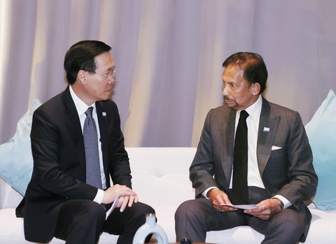 Chủ tịch nước kêu gọi APEC bảo vệ trái đất, vì thế hệ tương lai - Ảnh 5. Chủ tịch nước Võ Văn Thưởng gặp Quốc vương Brunei Haji Hassanal Bolkiah - Ảnh: TUẤN ANH