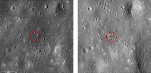 Những đoạn địa hình Mặt trăng dài khoảng 500 m được LRO chụp cho thấy vị trí va chạm của Chang'e 5-T1 R/B và miệng hố đôi được hình thành - Ảnh: NASA Những đoạn địa hình Mặt trăng dài khoảng 500m được LRO chụp cho thấy vị trí va chạm của Chang'e 5-T1 R/B và miệng hố đôi được hình thành - Ảnh: NASA