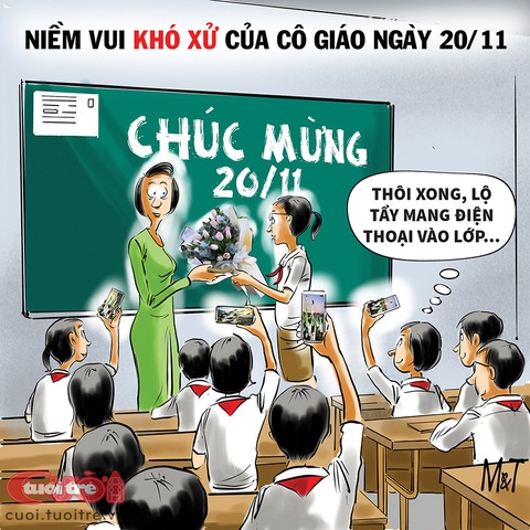 Niềm vui khó xử của cô giáo trong ngày 20-11 - Ảnh 1. Niềm vui khó xử của cô giáo trong ngày 20-11 - Tranh: Đỗ Minh Tuấn