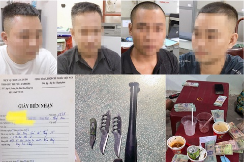 Công an giải cứu một phụ nữ bị nhóm tín dụng đen khống chế, đánh đập - Ảnh 1. Các nghi phạm hoạt động tín dụng đen và tang vật công an thu giữ - Ảnh: Công an cung cấp