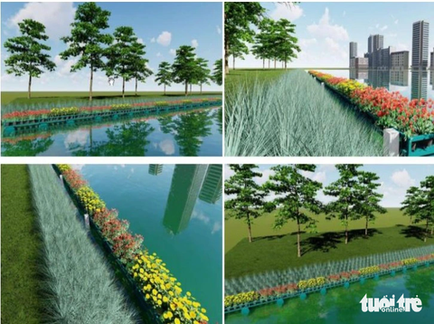 Cánh đồng hoa hướng dương bên bờ sông Sài Gòn sẽ được trồng ra sao ? - Ảnh 4. Đây là hạng mục chuỗi bè nổi thủy sinh kéo dài từ gần cầu Ba Son đến giáp đường hầm Thủ Thiêm. Bè được lắp ghép từ các thùng phuy đã qua sử dụng và một số vật liệu gia cố, liên kết. Bên trên được trồng cỏ thủy sinh hoặc trang trí hoa kiểng, mỗi module dự kiến sẽ gắn một đèn LED năng lượng mặt trời, chiếu sáng về đêm - Ảnh: Phối cảnh của UBND TP Thủ Đức