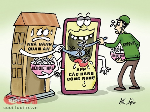 Mối tình tay ba: Quán ăn shipper - Ảnh 2. Chiết khấu cho app công nghệ - Tranh: Hữu Lộc
