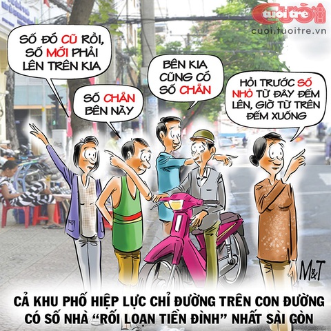 Người dân 'rối loạn tiền đình' với số nhà - Ảnh 1. Dân "thổ địa" cũng bất lực với ma trận số nhà - Tranh: Đỗ Minh Tuấn