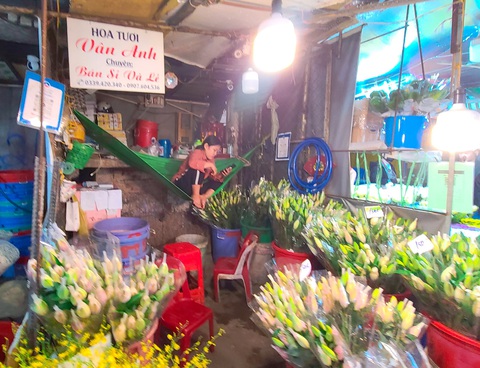 Ảm đạm thị trường hoa tươi 20-11 - Ảnh 2. Tiểu thương tại chợ hoa Hồ Thị Kỷ ngồi lướt điện thoại ngày lễ cũng như ngày thường - Ảnh: NHẬT XUÂN