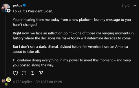 Bài đăng thông báo gia nhập Threads của Tổng thống Mỹ Joe Biden - Ảnh: THREADS Bài đăng thông báo gia nhập Threads của Tổng thống Joe Biden - Ảnh: THREADS