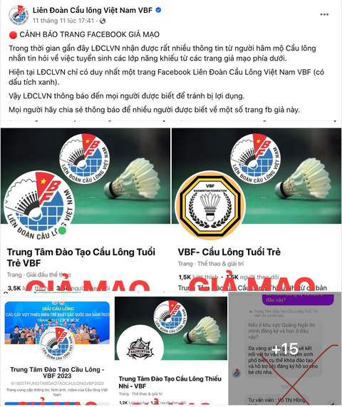 Fanpage Liên đoàn Cầu lông Việt Nam bị giả mạo để lừa đảo- Ảnh 1. Liên đoàn Cầu lông Việt Nam phát thông báo cảnh báo lừa đảo
