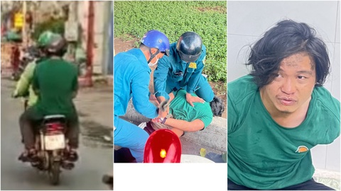 Kế hoạch 'chờ đèn đỏ' để khống chế nghi phạm giết người, phóng hỏa- Ảnh 1. Nghi phạm Nguyễn Văn Nhu (28 tuổi) trên đường đi xe ôm tẩu thoát thì bị anh Trịnh Thanh Phong cùng người dân và ba dân quân khống chế - Ảnh do anh Trịnh Thanh Phong cung cấp