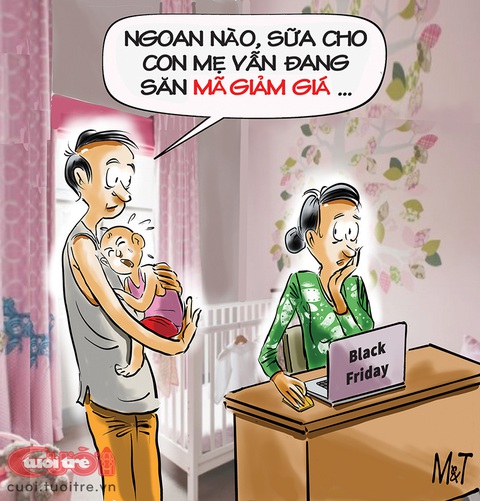 Con trai đói sữa ngày Black Friday- Ảnh 1. Con trai chờ mã giảm giá sữa ngày Black Friday - Tranh: Đỗ Minh Tuấn