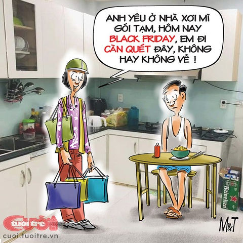 Ông chồng ăn mì gói trong ngày Black Friday- Ảnh 1. Ông chồng ăn mì gói trong ngày Black Friday - Tranh: Đỗ Minh Tuấn