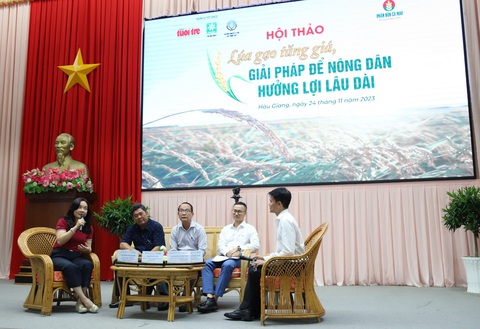 Phiên thảo luận Giải pháp tối ưu chi phí sản xuất và nâng cao giá trị hạt gạo Việt nằm trong khuôn khổ Hội thảo Lúa gạo tăng giá, giải pháp để nông dân hưởng lợi lâu dài - Ảnh: CHÍ QUỐC Phiên thảo luận