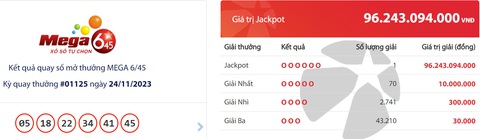 Một khách hàng trúng hơn 96 tỉ đã mua vé Vietlott ở TP.HCM- Ảnh 1. Ảnh chụp màn hình kết quả quay số mở thưởng Vietlott tối 24-11 - Ảnh: L.THANH