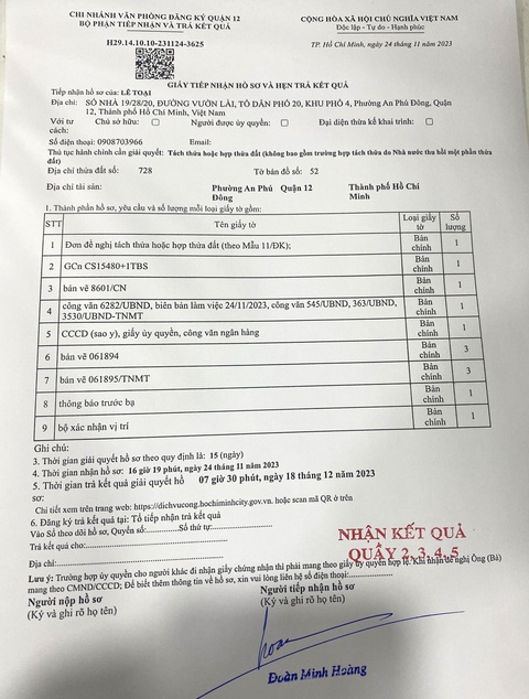 Vụ 4 tháng chưa được tách thửa: Quận 12 đã tiếp nhận lại hồ sơ- Ảnh 2. Biên nhận hồ sơ tách thửa mới nhất hẹn ngày trả kết quả là vào 18-12-2023 - Ảnh: L.T.