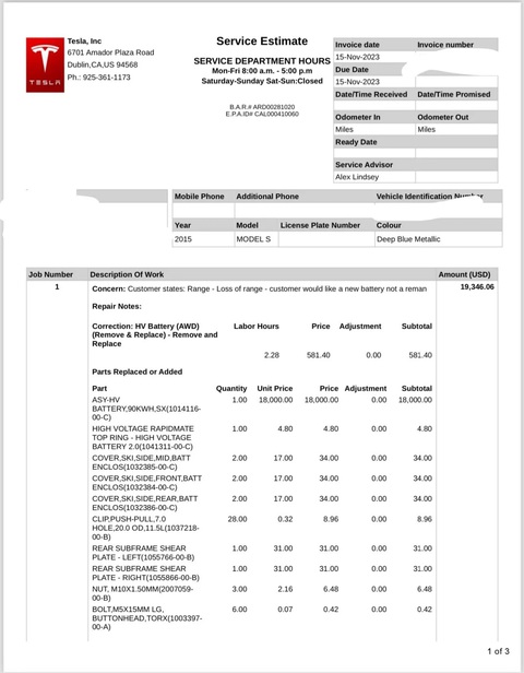 Hóa đơn thay pin xe điện Tesla Model S được chia sẻ trên Reddit Hóa đơn thay pin xe điện Tesla Model S được chia sẻ trên Reddit - Ảnh: Reddit