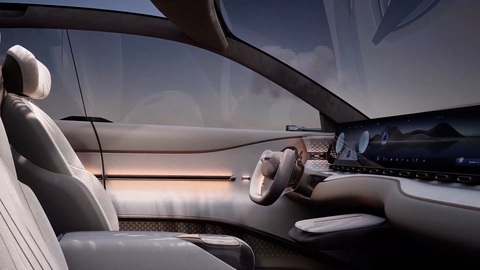 Mẫu xe điện Skyworth Skyhome gây sốc, giá dự kiến như Mazda CX-5- Ảnh 6. Bảng điều khiển đặt một màn hình cong lớn tích hợp cả cụm đồng hồ, thông tin giải trí và màn hình cho người ngồi ghế phụ. Vô lăng dạng ách giống Tesla, song được bo tròn mềm mại. Hệ thống chiếu sáng cabin phức tạp tạo nên nhiều góc độ ánh sáng khác biệt