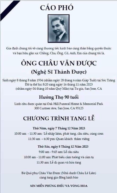 Cáo phó tang lễ của nghệ sĩ Thành Được Cáo phó tang lễ của nghệ sĩ Thành Được