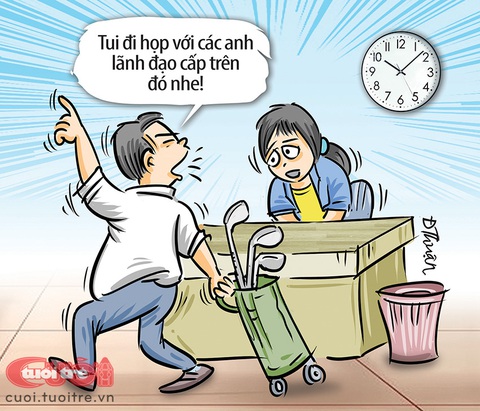 Cán bộ mang gậy golf... đi họp- Ảnh 1. Cán bộ mang gậy golf đi họp - Tranh: Đức Thuận