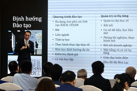 Trường đại học Công nghệ đặt mục tiêu trở thành đại học tiên tiến của châu Á- Ảnh 3. GS.TS Chử Đức Trình trình bày kế hoạch, lộ trình và các giải pháp cơ bản nhất để triển khai thực hiện chiến lược - Ảnh: NGUYÊN BẢO