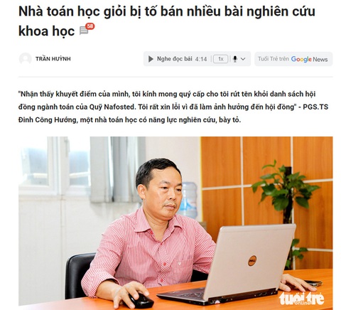 Cảm thông với nhà khoa học 'bán' bài báo - Ảnh 1. Bài báo về PGS.TS Đinh Công Hướng thu hút sự quan tâm, theo dõi và bình luận của bạn đọc Tuổi Trẻ Online về câu chuyện nghiên cứu khoa học - Ảnh chụp màn hình