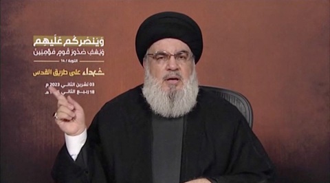 Lãnh đạo Hezbollah, ông Sayyed Hassan Nasrallah, phát biểu về xung đột Israel - Hamas, ngày 3-11 - Ảnh: REUTERS Lãnh đạo Hezbollah, ông Sayyed Hassan Nasrallah, phát biểu về xung đột Israel - Hamas, ngày 3-11 - Ảnh: REUTERS