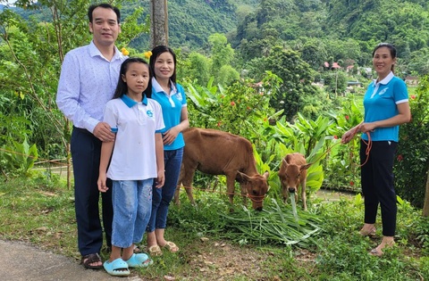 Lan tỏa nhân văn từ chương trình “Mẹ đỡ đầu hỗ trợ, chăm sóc, nuôi dưỡng trẻ mồ côi”- Ảnh 3. Ông Phạm Anh Tuấn - bí thư Đảng ủy xã Trung Hạ, huyện Quan Sơn (Thanh Hóa) - tặng cặp bò cho gia đình trẻ mồ côi trên địa bàn xã - Ảnh do Hội Liên hiệp phụ nữ huyện Quan Sơn cung cấp