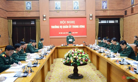 Thường vụ Quân ủy Trung ương cho ý kiến về nhiệm vụ quân sự, quốc phòng 2024- Ảnh 1. Đại tướng Phan Văn Giang - ủy viên Bộ Chính trị, phó bí thư Quân ủy Trung ương, bộ trưởng Bộ Quốc phòng - chủ trì hội nghị Thường vụ Quân ủy Trung ương - Ảnh: QĐND