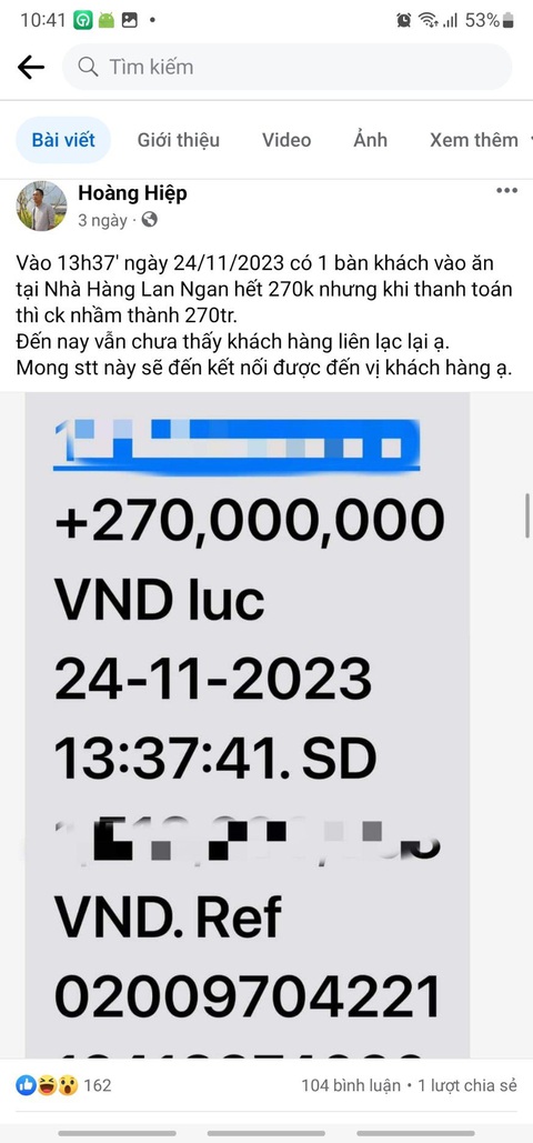 Nhà hàng ở Thanh Hóa tìm vị khách chuyển tiền nhầm 270 triệu đồng cho bữa trưa- Ảnh 2. Anh Hoàng Hiệp đăng tải thông tin trên mạng xã hội để tìm vị khách chuyển nhầm tiền